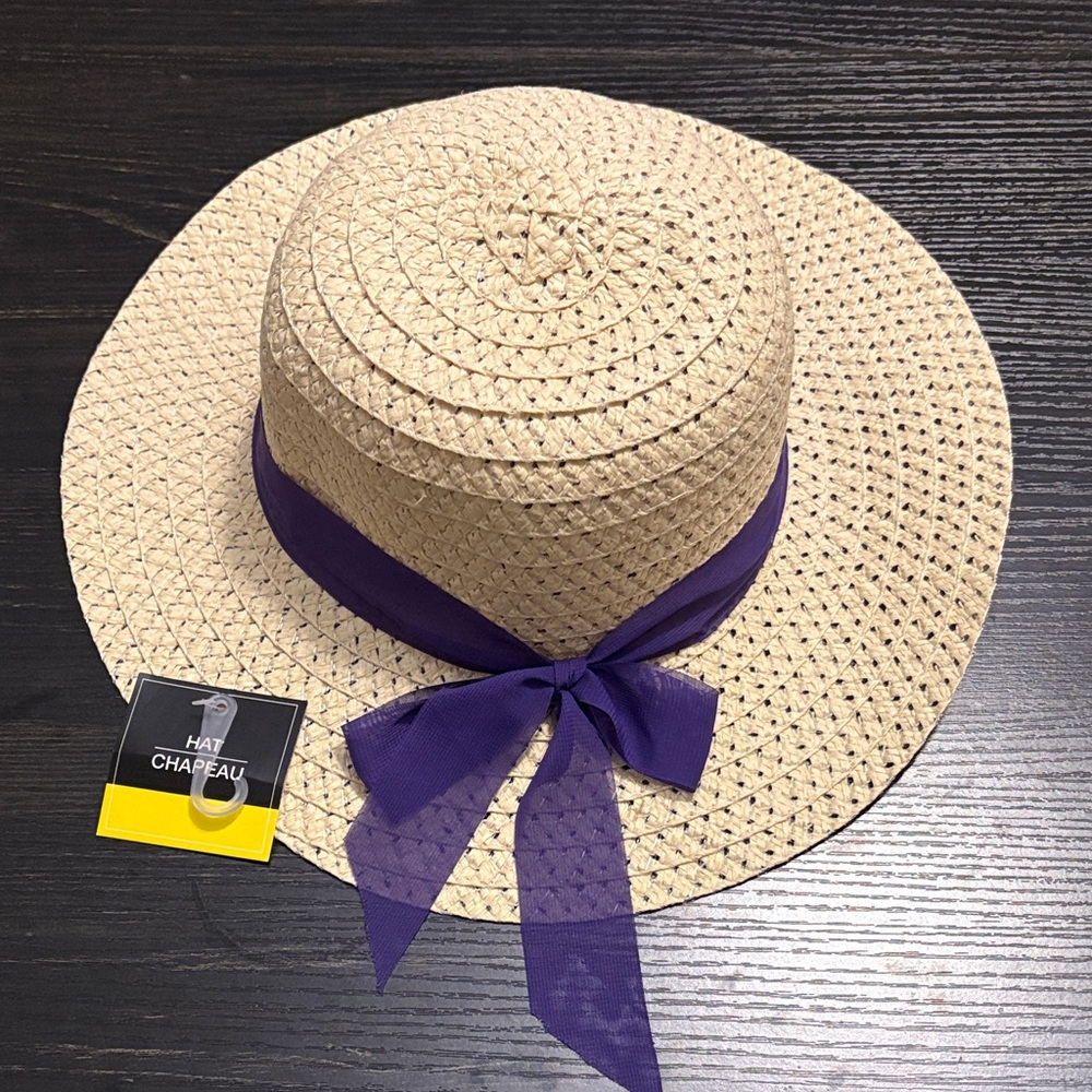 Chic Tan Straw Hat with Purple Ribbon